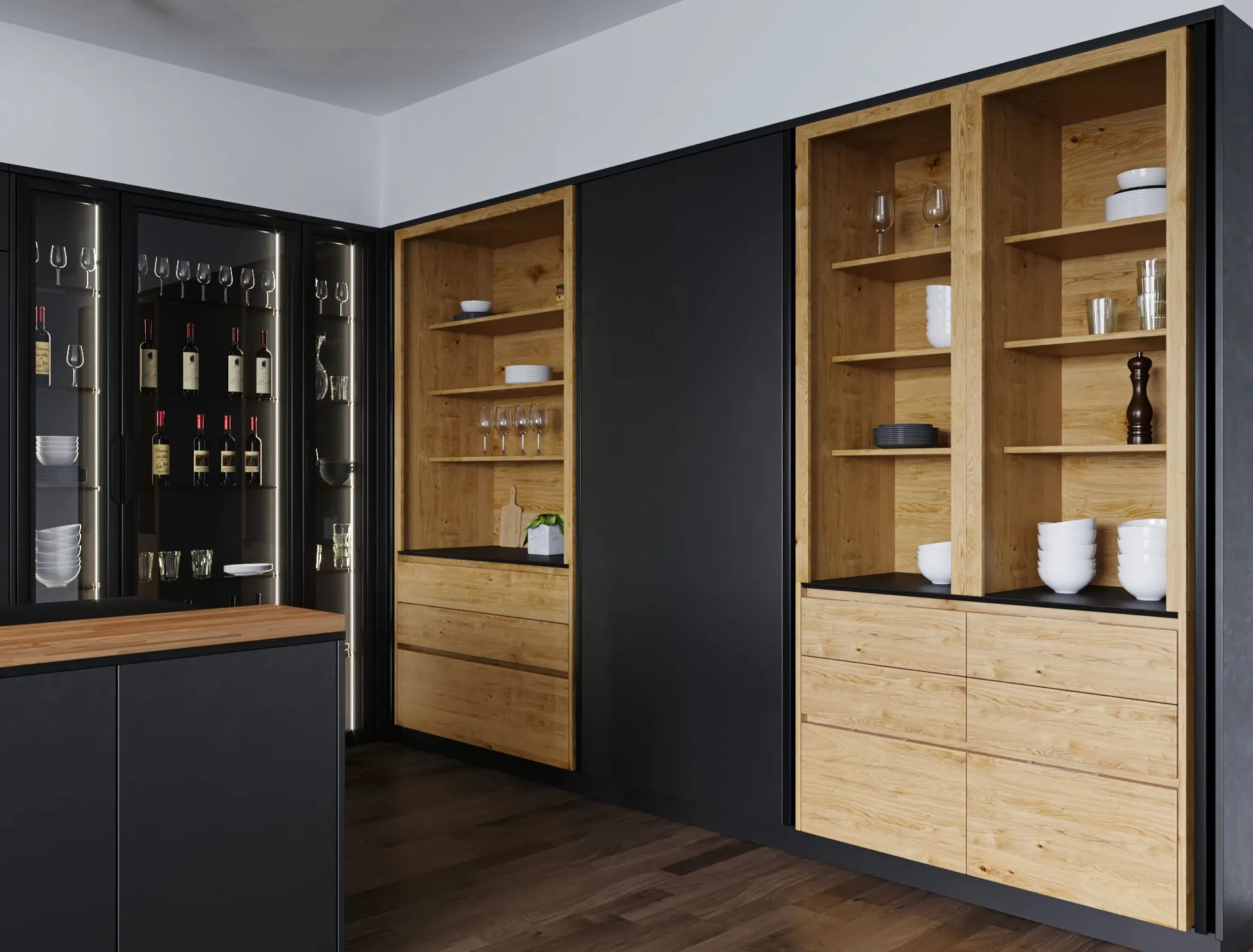 Project: Orchid Hill Manaor kitchen remodel, open wooden shelves